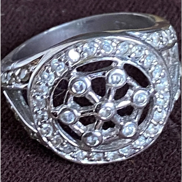 Estate Sterling Silver Round CZ Rhinestone Cubic Zirconia Mandala Wheel Ring 7 - Picture 7 of 11